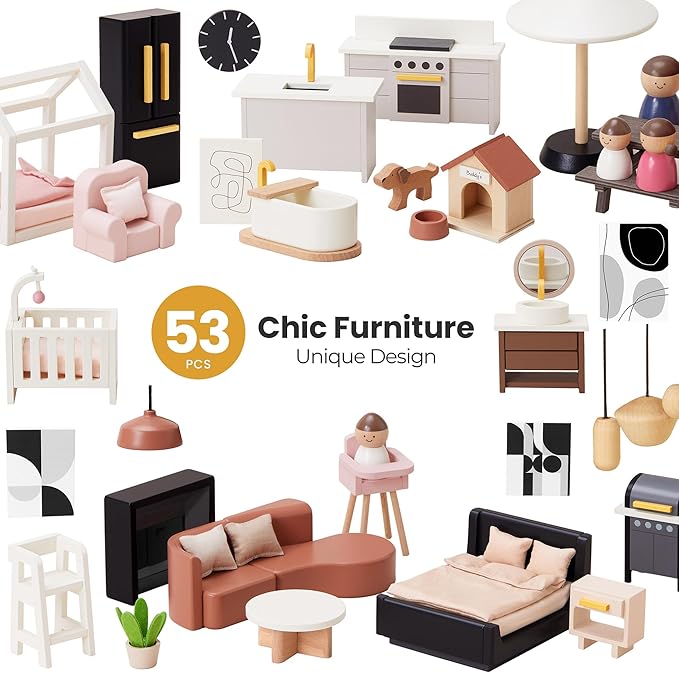 Dollhouse with Realistic Design, Wooden Dollhouse with 53Pcs